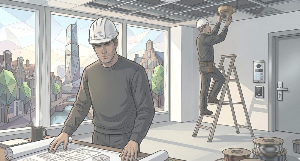 Overleg rond de tafel met plattegronden, netwerktopologie en projectofferte